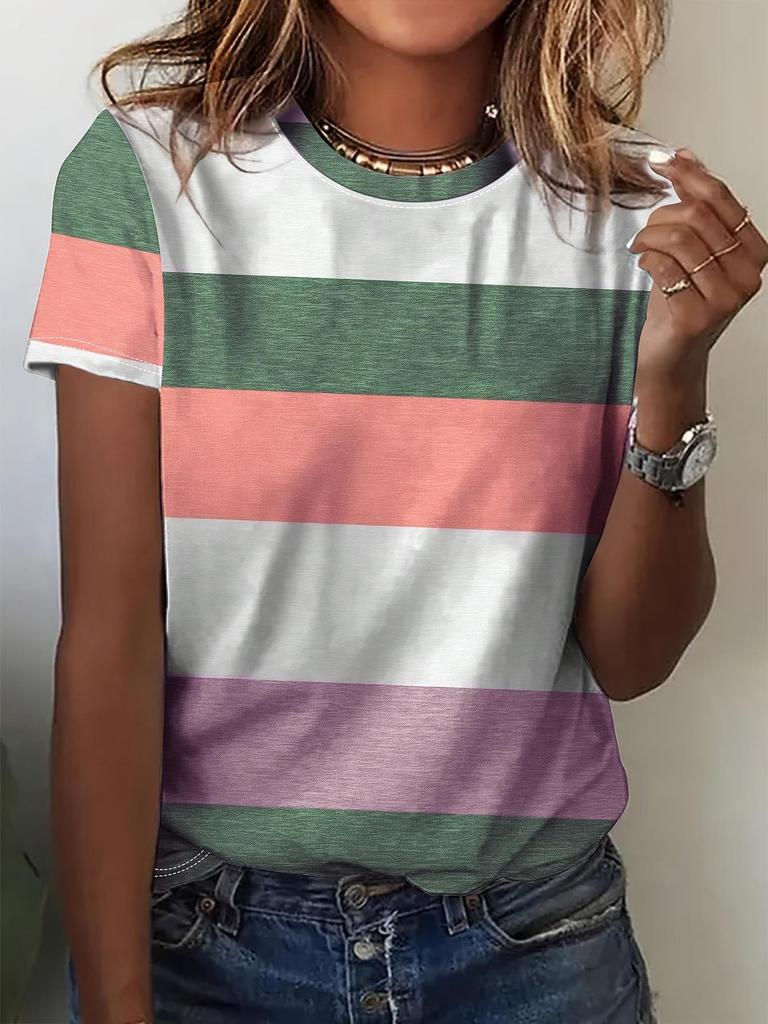 Женский клетчатый и полосатый топ с коротким рукавом и круглым вырезом большого размера - Желтый/Красный, Коллекция 2025