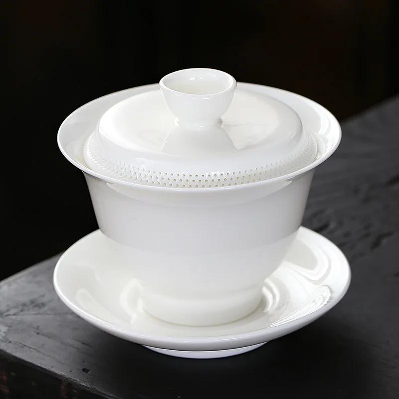 Гайвань из белого фарфора с овечьим жиром и нефритом, фильтрованная на 360 °, чаша для чая с антиожоговым дизайном, одинарная керамическая чашка для чая в стиле кунг-фу