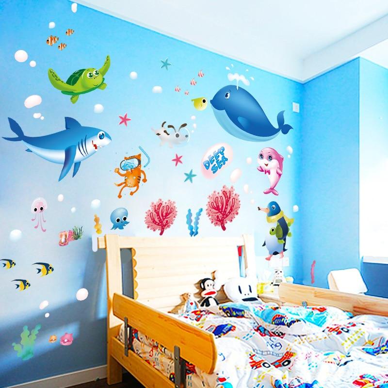 Cartoon Underwater World Wall Stickers Kids Bedroom Bathroom Fish Decals Removable Art Murals PVC Wallpaper Decor
