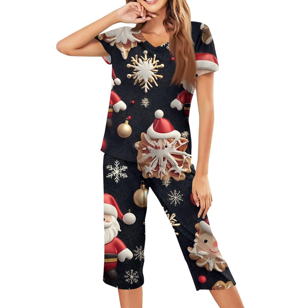 Женская повседневная спортивная пижама с коротким рукавом и укороченными брюками с рождественским принтом