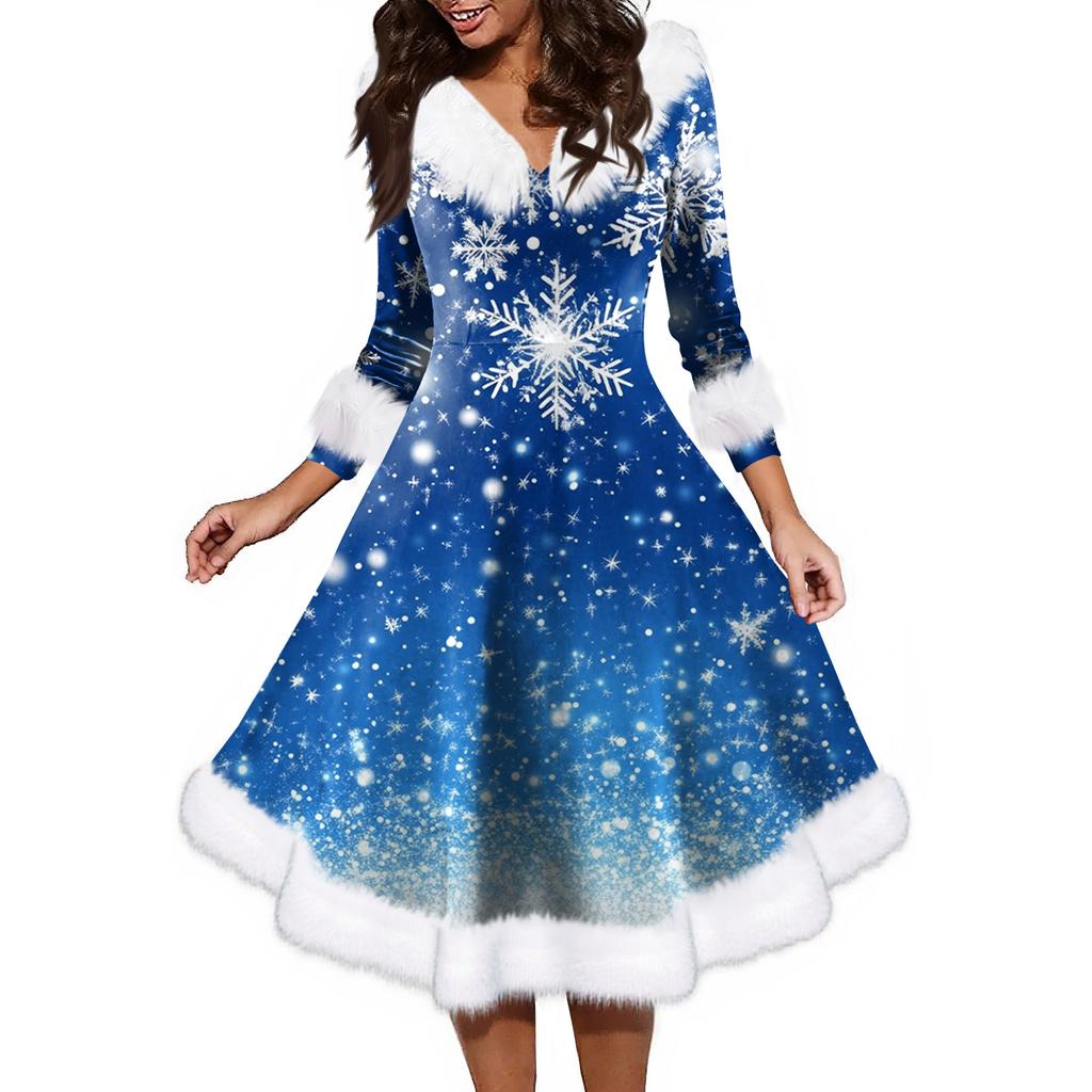 Женское модное повседневное платье с v-образным вырезом и рождественским принтом для вечеринки с длинными рукавами