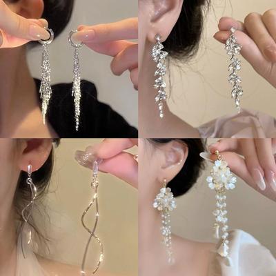 Роскошные серебряные серьги-кисточки с жемчугом и цветком - Французская мода, дизайн высокого класса