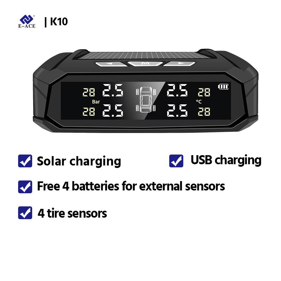 E-ACE K10 Солнечная TPMS Автомобильная система сигнализации давления в шинах Система контроля температуры шин Цифровой дисплей Автоматические системы охранной сигнализации с 4 датчиками