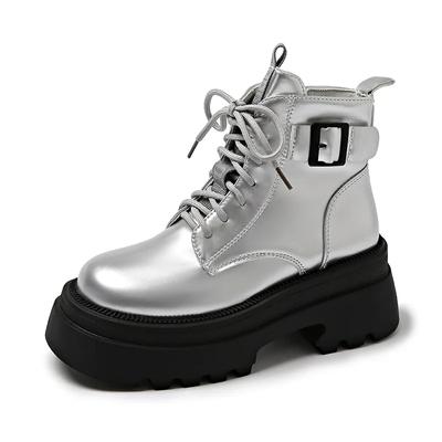 Женские ботинки Британские Осень Зима Новые Ботинки на платформе с ремешком и пряжкой на молнии со шнуровкой Модные ботинки Удобные Нескользящие Ботинки для улицы