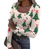 Женская модная футболка с тонким низом, рождественский принт, пуловер с U-образным вырезом и длинными рукавами