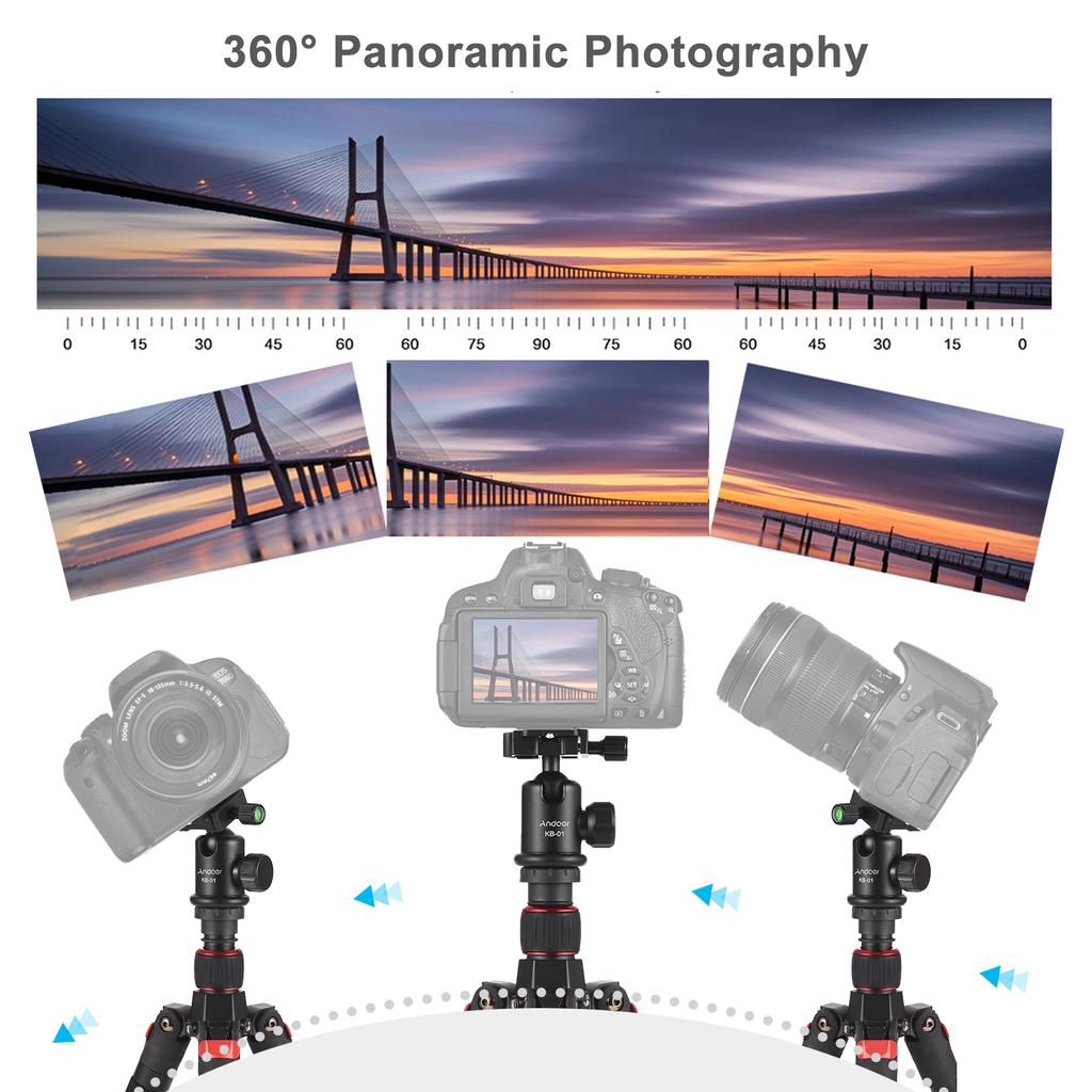 Andoer 153cm/60in Portable Camera Tripod Stand Aluminum Alloy with Detachable Monopod 360 Degrees Rotatable