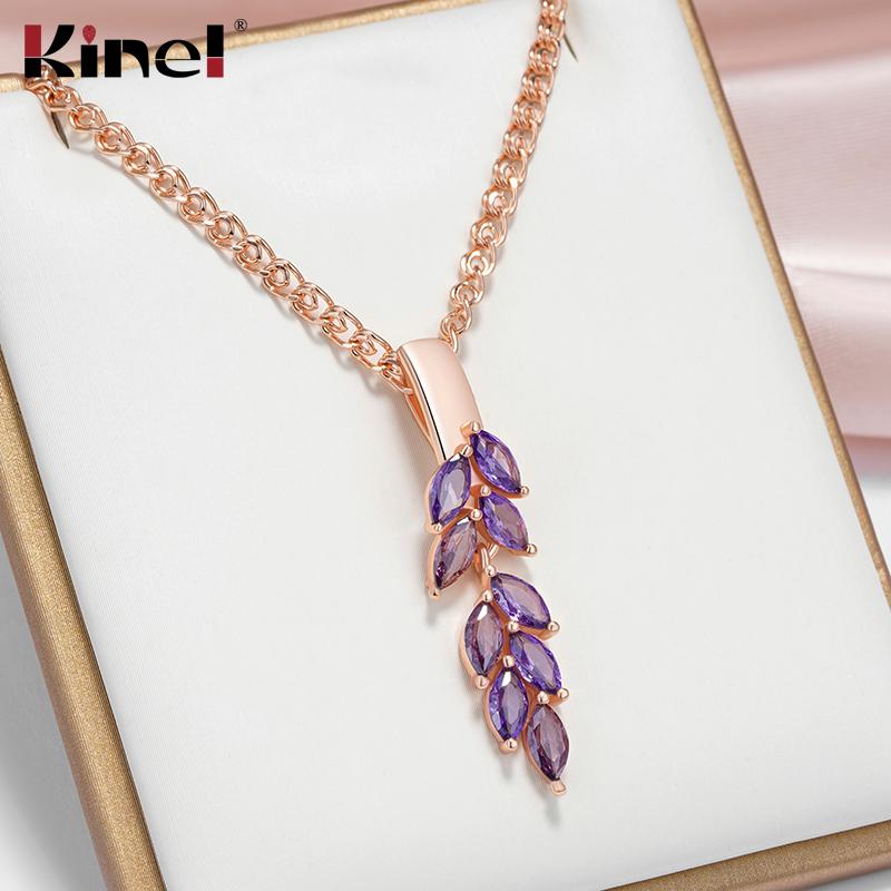 Винтажное ожерелье-подвеска в славянском стиле с фиолетовым цирконом в форме листа и отделкой розовым золотом