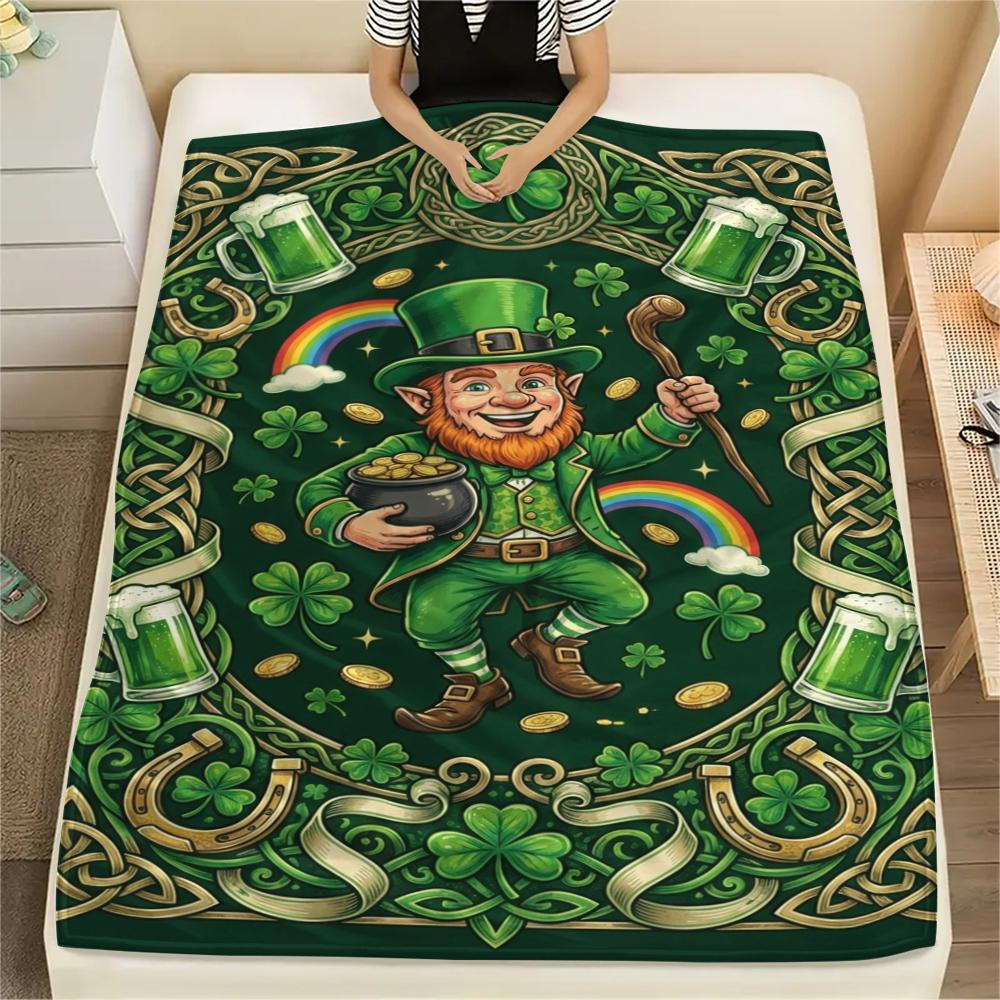 1Pc St.Patrick's Day Print Flannel Blanket, High quality Comfortable for All Seasons, Home Decor, Warmth and Comfort, Perfect for Christmas Gifts W71