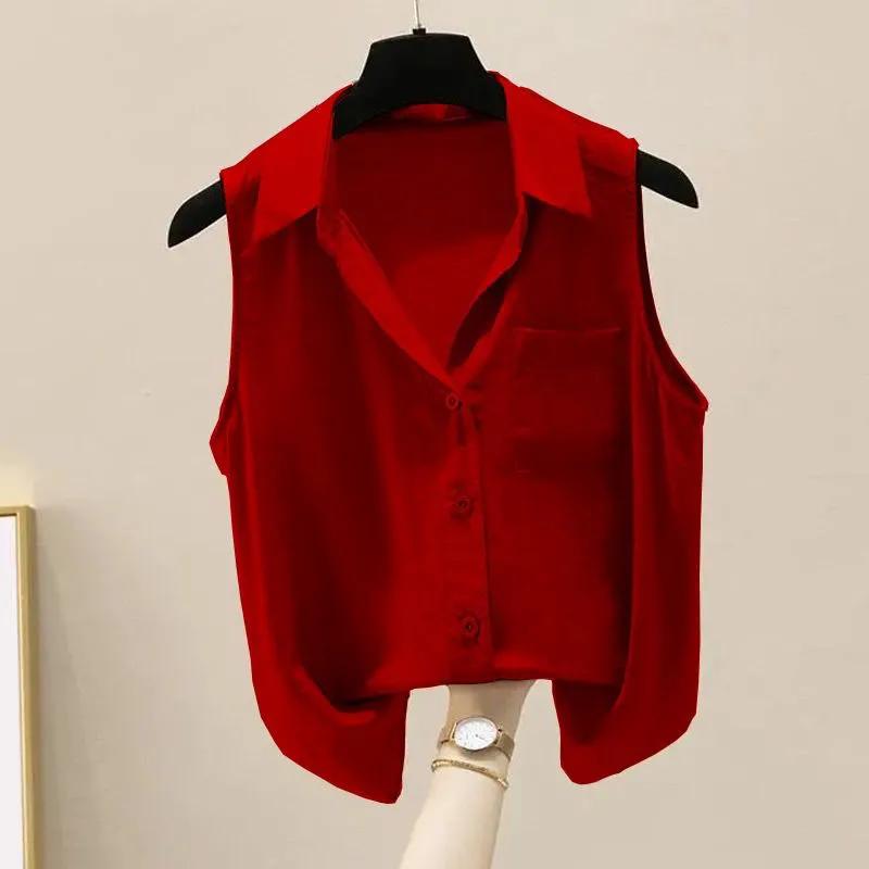 Женская рубашка без рукавов на пуговицах, повседневная свободная блузка с карманом