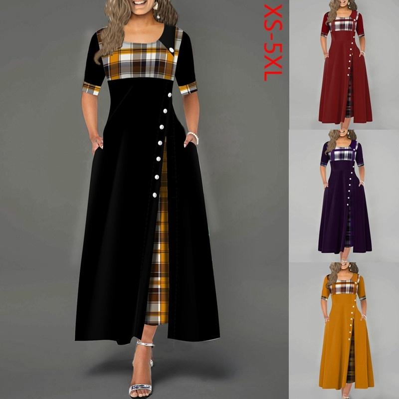 Женское модное элегантное длинное платье с коротким рукавом и клетчатым принтом на пуговицах, макси-платье