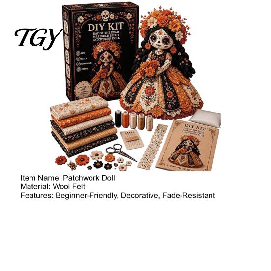 All in One Craft Supplies Halloween Patchwork Doll DIY Kit, Skeleton Witch Girl Handmade Educational Needlework Kit Fabric Set for Beginners,