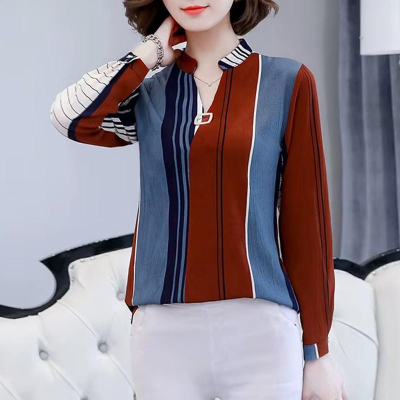 Весенняя мода с длинным рукавом женские блузки элегантный принт полосатый V-образный вырез повседневные рубашки для женщин мода тонкие узкие офисные женские рубашки топы 875B