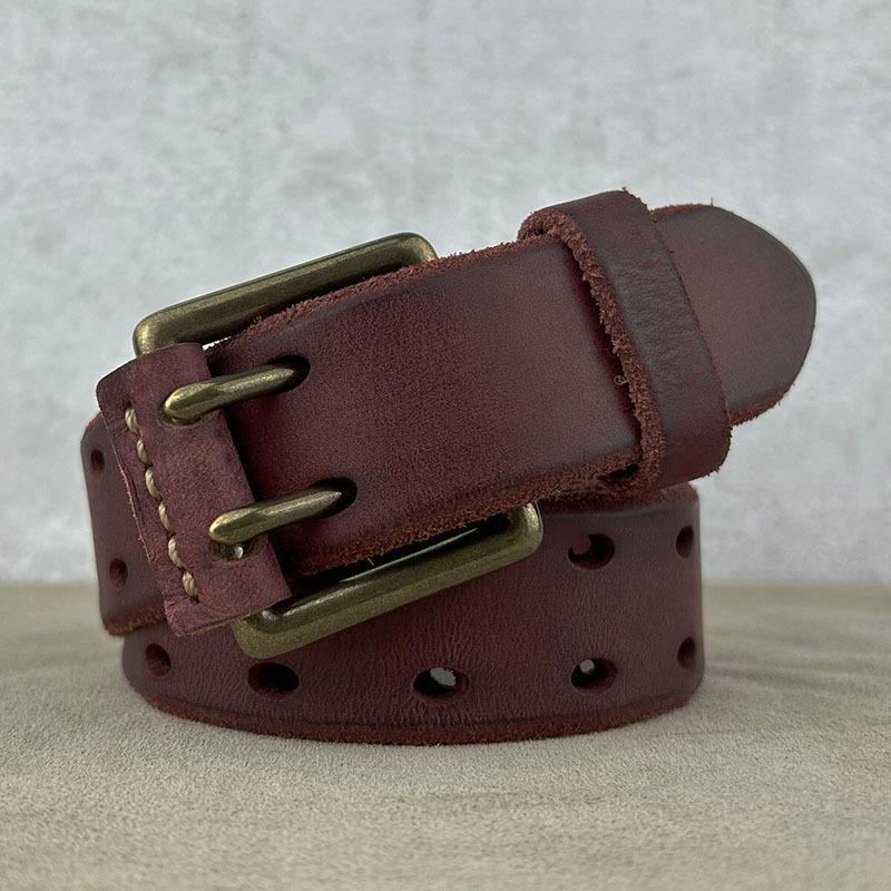 Мужской ремень из натуральной кожи с двойной медной пряжкой, ретро, первый слой, из натуральной коровьей кожи, американский полый ремень