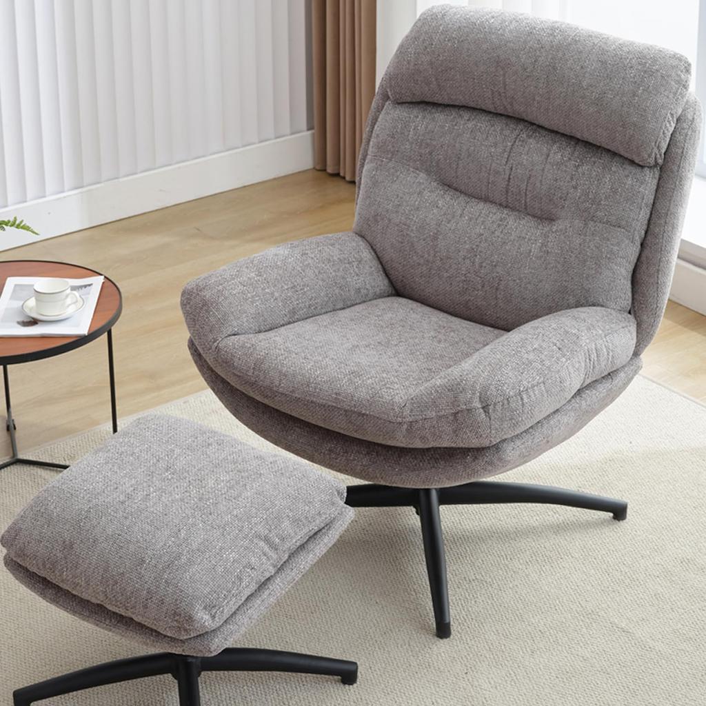Chenille Swivel Accent Chair & Ottoman, High Back Reading Lounge Armchair, 360° Swivel Tilt Footrest for Living Room Bedroom, Be