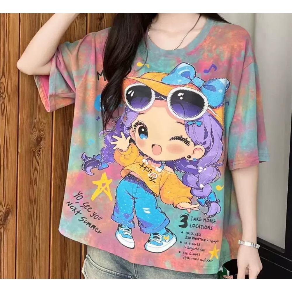 Korean Tie-dye Short-sleeve T-shirts for Women in Summer, Loose Casual Slimming Versatile Pullover Tops