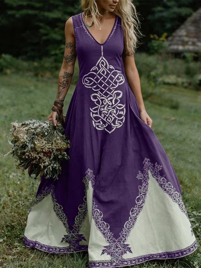 Летнее платье с V-образным вырезом без рукавов в стиле кельтского ренессанса 2026 - Женское трансграничный стиль