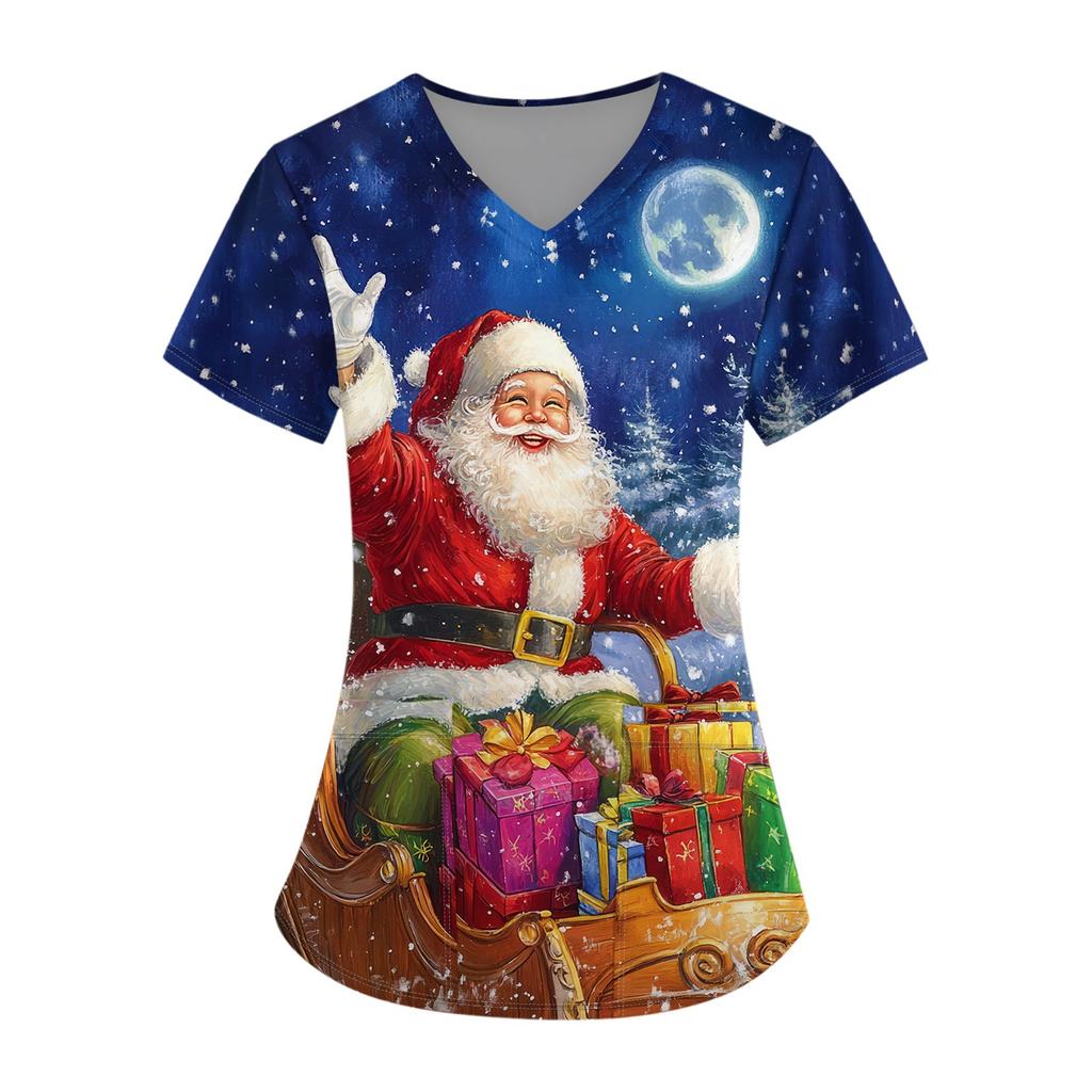 Плюс размерСкраб с принтом Рабочая форма Топы для женщин Крест V-образным вырезом Хэллоуин Принт с короткими рукавами Забавные футболки Спецодежда Футболка с карманами