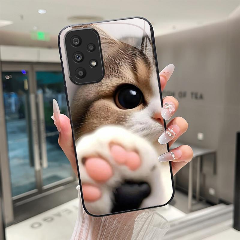 Cute Cartoon Cats Flower Case For Samsung Galaxy A52 A52S A72 4G 5G Tempered Glass Phone Case Protective Back Cover Hard Shell