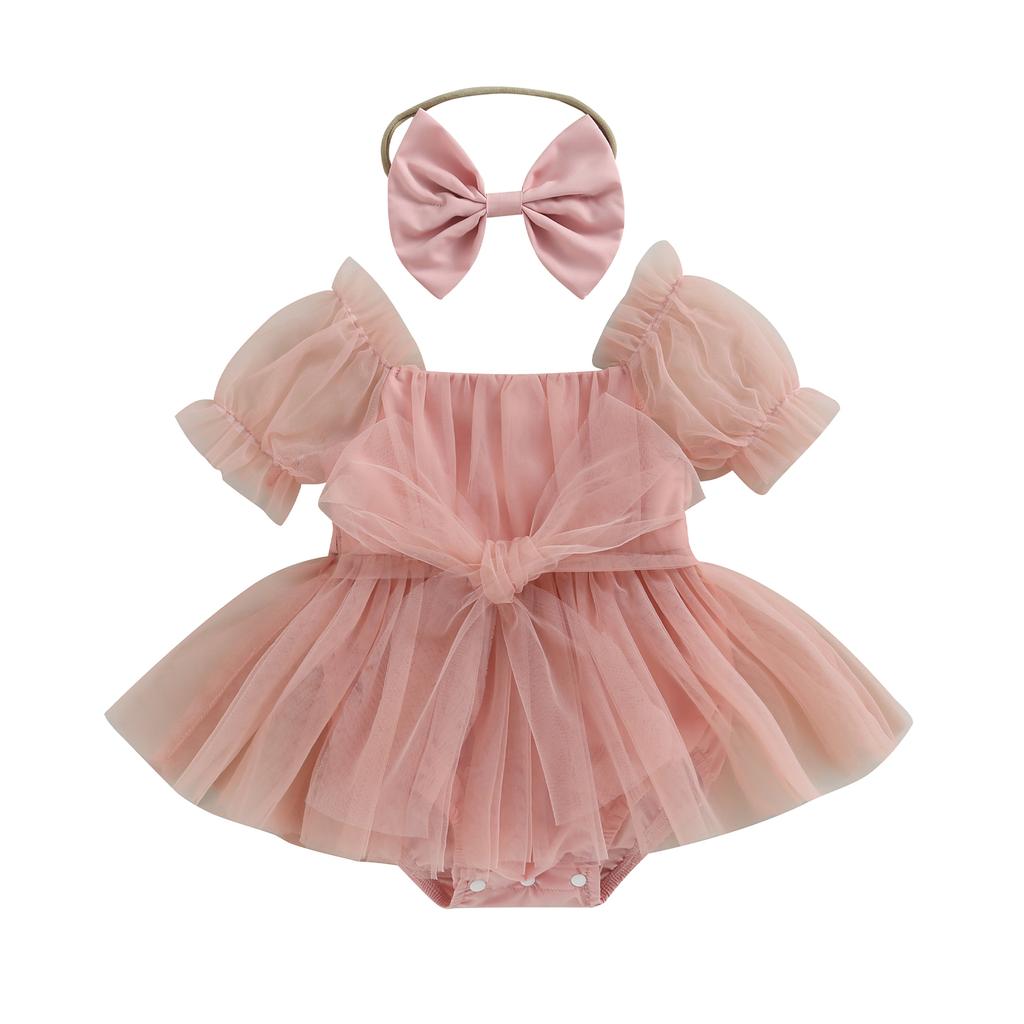 Baby Girl Summer Outfits, Short Sleeve Bow Front Romper Tulle Dress with Headband Set 2Pcs Clothes