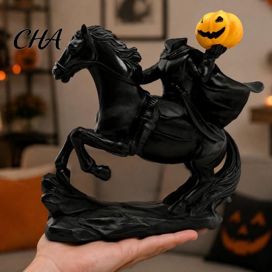 Pumpkin Lantern Figurine Headless Horseman Statue with Pumpkin, Horror Knight Holding Theme Decor Ornament, Halloween Horse Sculpture for Home