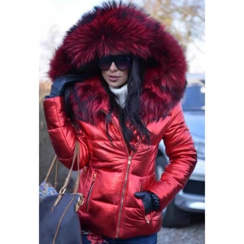 Womens Short Hooded Puffer Coat With Faux Fur Trim - Winter Warm Casual Outerwear