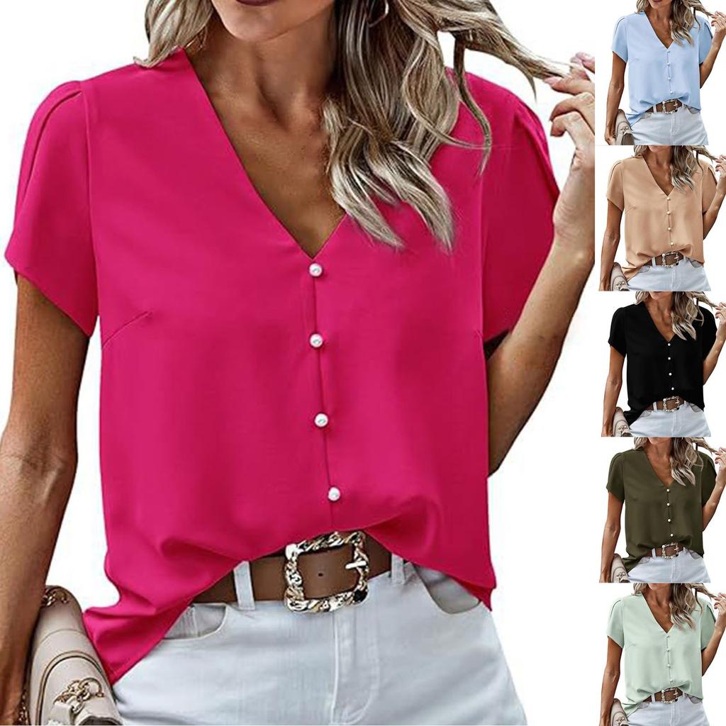 Women's Loose Casual Solid Color V-Neck Button Top, Fashionable Short Sleeved Top