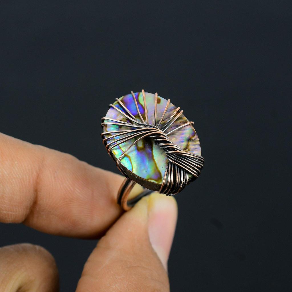 Tree Of Life Abalone Shell Gemstone Copper Wire Wrapped Handmade Jewelry Ring For Wedding Gift