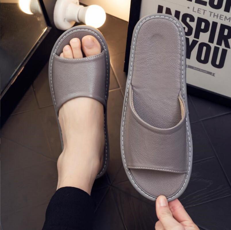 Big Sizes Genuine Cow Leather Slippers Homes In Indoor Slipper Summer Open Toe Sandals Men Women Elderly Casual Slides Shoes