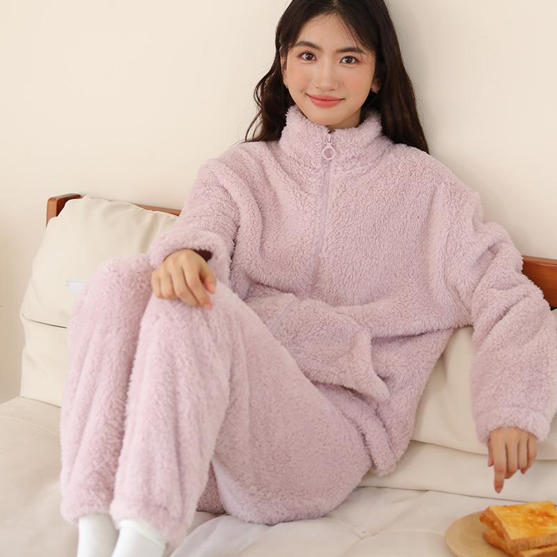 Winter Coral Velvet Women's Pajamas Set Thickened Flannel Long-sleeved Turtleneck Trousers Pajama Set Loose Flannel Home Clothes