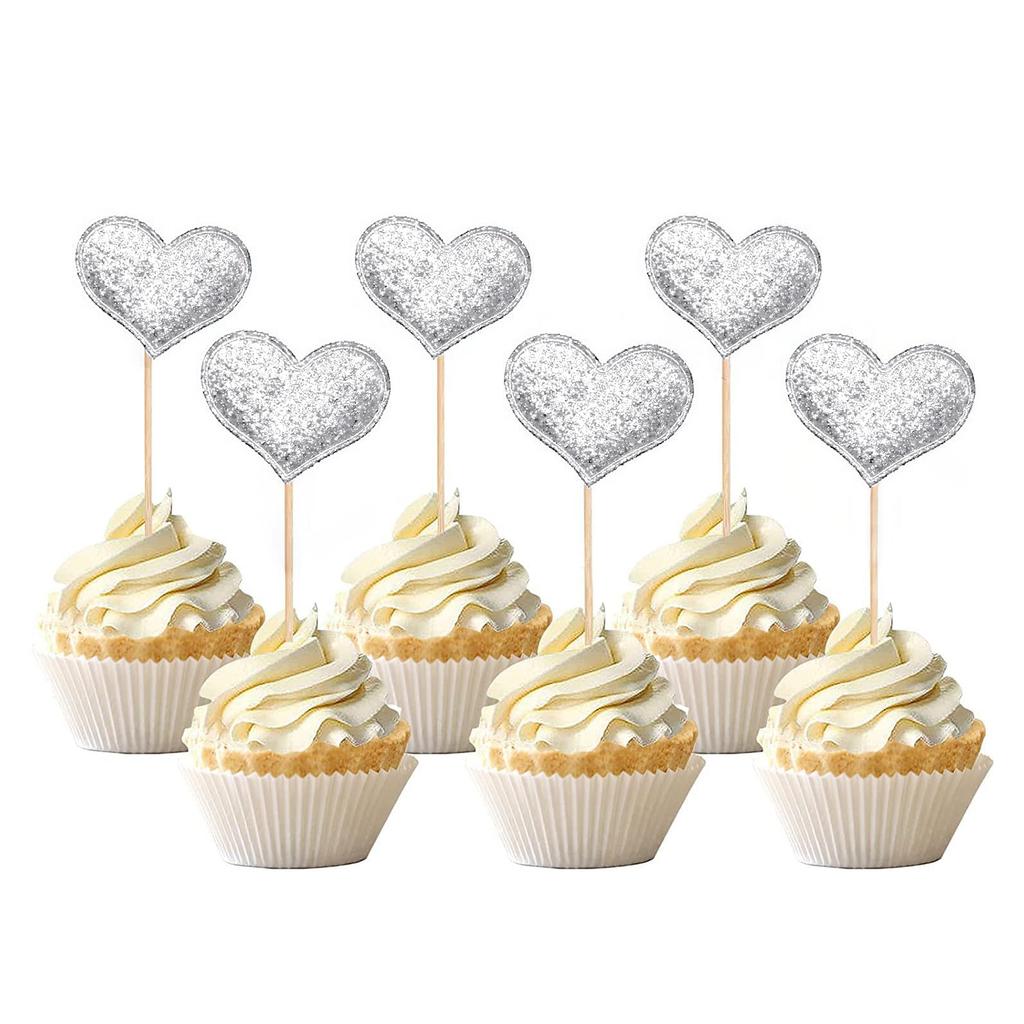 100pcs Glitter Pink Heart Cake Toppers Heart Cupcake Toppers Valentine's Day for Sweet Love Theme Wedding
