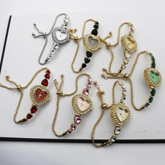 Women's Heart Shaped Bracelet Watch Rhinestone Heart Quartz Wristwatch Adjustable Slider Bracelet Dress Watch