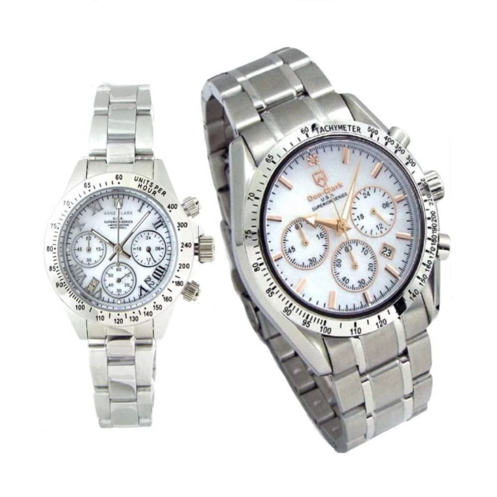 Дон Кларк Энн Кларк Пара часов хронограф Domestic Tachymeter оснащен внутренним японским механизмом Natural Shell Белый циферблат Пара полностью из нержавеющей стали