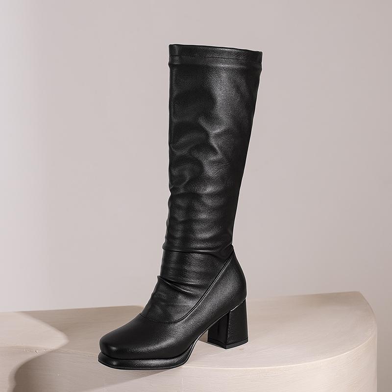 Осенние женские элегантные высокие сапоги на платформе, со складками, без застежек, мотоциклетные сапоги до колена, черные, массивные, размер 48