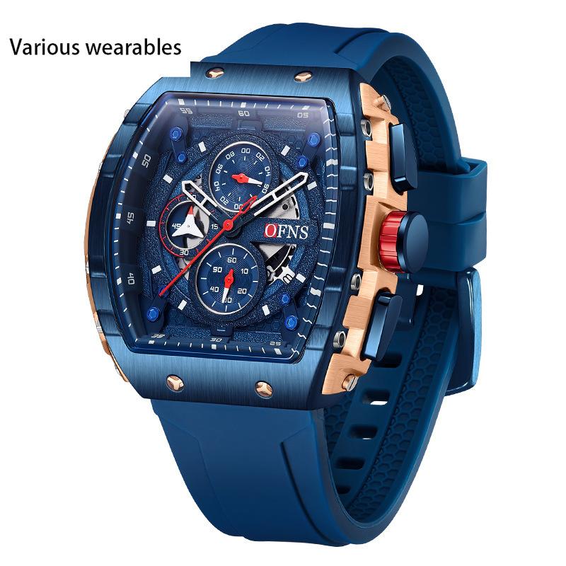 Outdoor Style Wine Barrel Men's Watch Curved Mirror Gradient Hollow Men's Watch Three Eyes and Six Hands Watch
