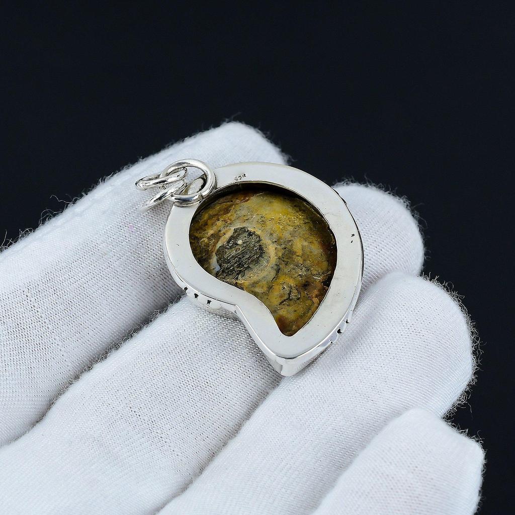 Кулон из ископаемого серебра с аммонитом, подвеска из стерлингового серебра 925 пробы, серебряные украшения с драгоценным камнем, кулон ручной работы, подарок для него, ювелирные изделия из аммонита
