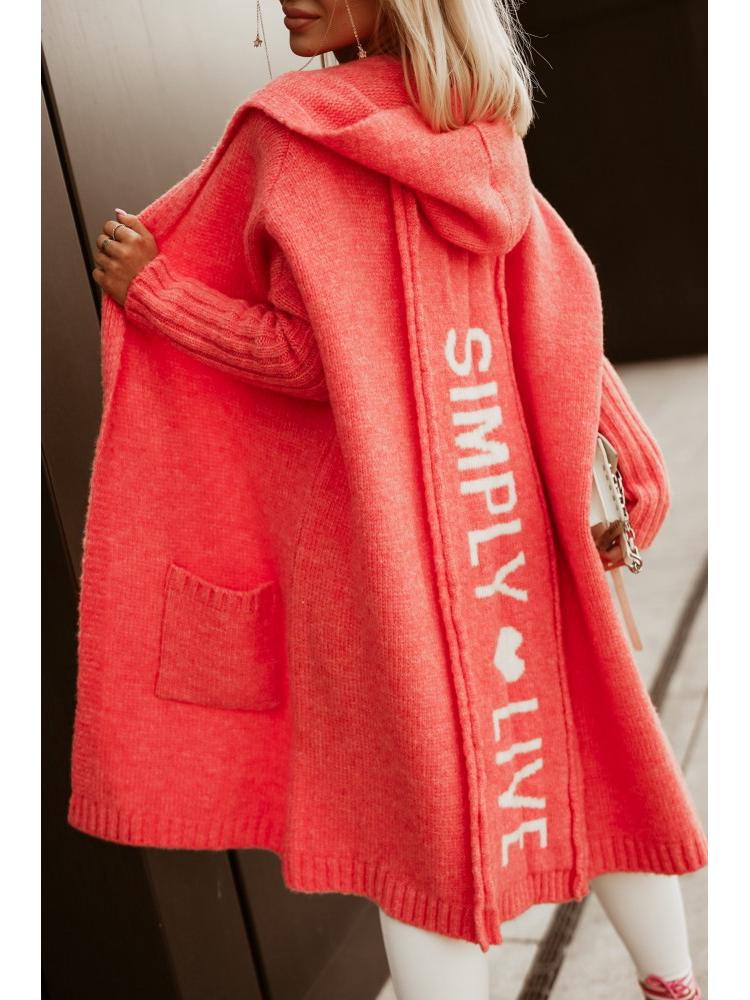 Осенне-зимний длинный кардиган с капюшоном, отложным воротником и вязаным узором с буквами