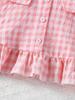 Baby Girls Spring Summer Sweet Strawberry Plaid Short Sleeve Shirt Set, Adjustable Straps, Cute Doll Collar, Daily Wear