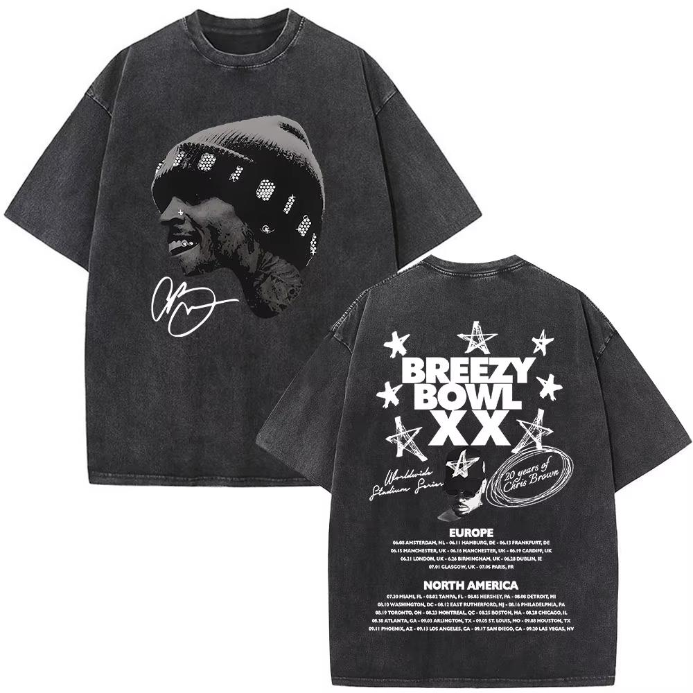 Футболка Chris Brown Breezy Футболка Breezy Bowl Тур XX Винтажные стираные футболки Мужская мода Хип-хоп Футболка с коротким рукавом Уличная мода