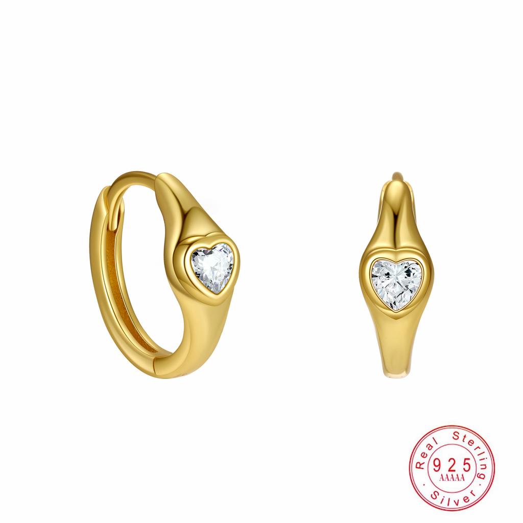 925 Sterling Silver Heart Zircon Huggie Hoop Earrings, Gold/Platinum Plated Cute Love Earring for Women, Fashion Hypoallergenic