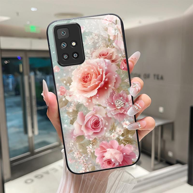 For Xiaomi Redmi 10 Prime 2022 Phone Case Tempered Glass Hard Shell flower Cute cats Coque For Redmi10 10Prime 2022 Back Cover