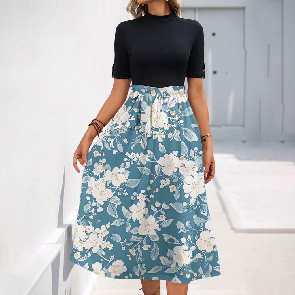Women's Fashion Casual Belt Short Sleeve Round Neck Floral Elegant Temperament Dress