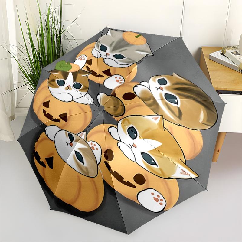 1pc Pumpkin Kittens Automatic Umbrella Design, Cute Cartoon Pattern, Portable Outdoor Umbrella, Perfect A067