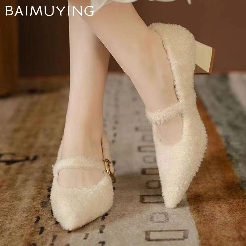 Женские туфли на толстом меху с острым носком, элегантные туфли на среднем каблуке 2025 года, дизайнерские туфли-лодочки с пряжкой, зимняя мода Mujer Zapatos