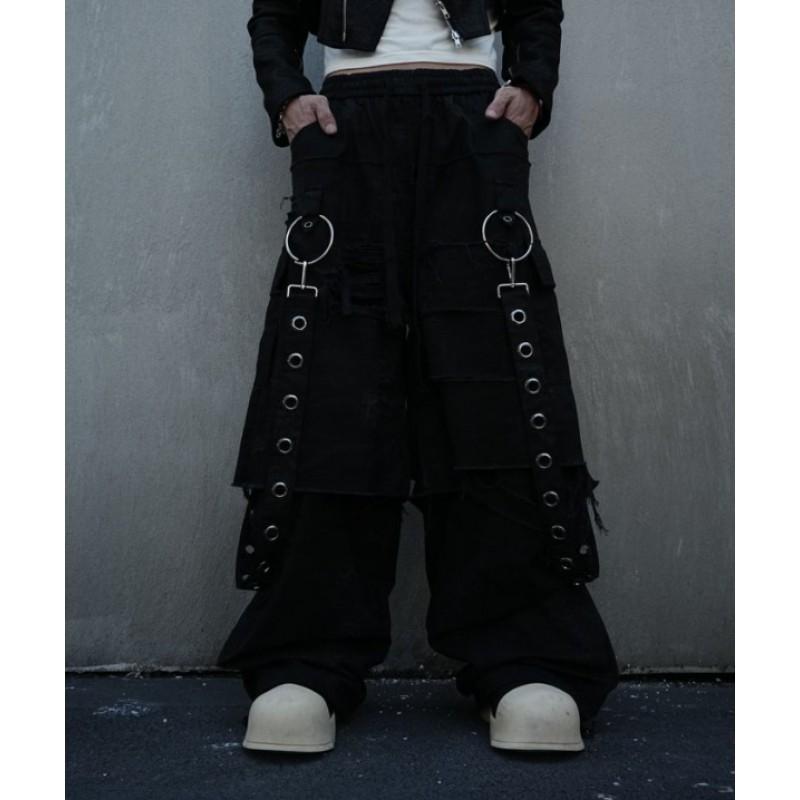 Camouflage Distressed Cargo Jeans Men High Street Wide Leg Trousers Metal Accent
