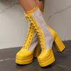 Модные черные, желтые, белые женские сапоги до середины икры на платформе, на шнуровке, в стиле панк, на высоком каблуке, женские сексуальные танцевальные туфли для стриптиза, большой размер