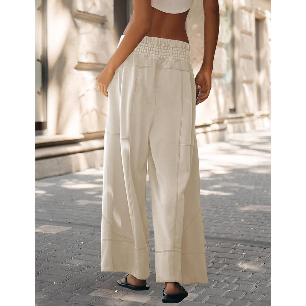 Women's Fashionable Loose Solid Color Elastic Waist Pocket Straight Leg Casual Pants