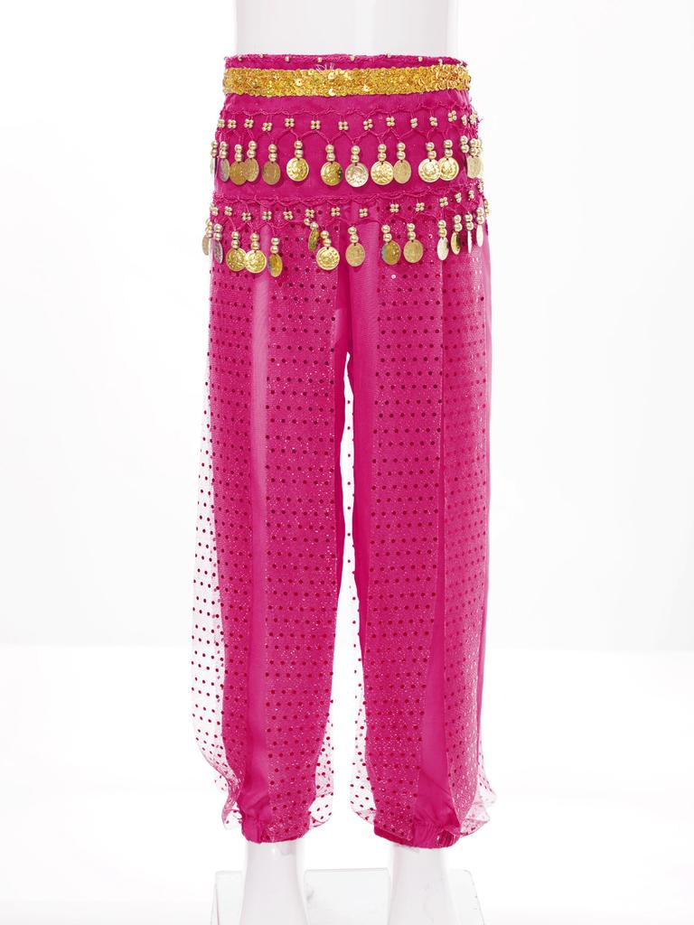 Kids Girls Belly Dance Performance Pants Sequined Dots Chiffon Trousers Bloomers with Tassels Waist Chain Hip Scarf