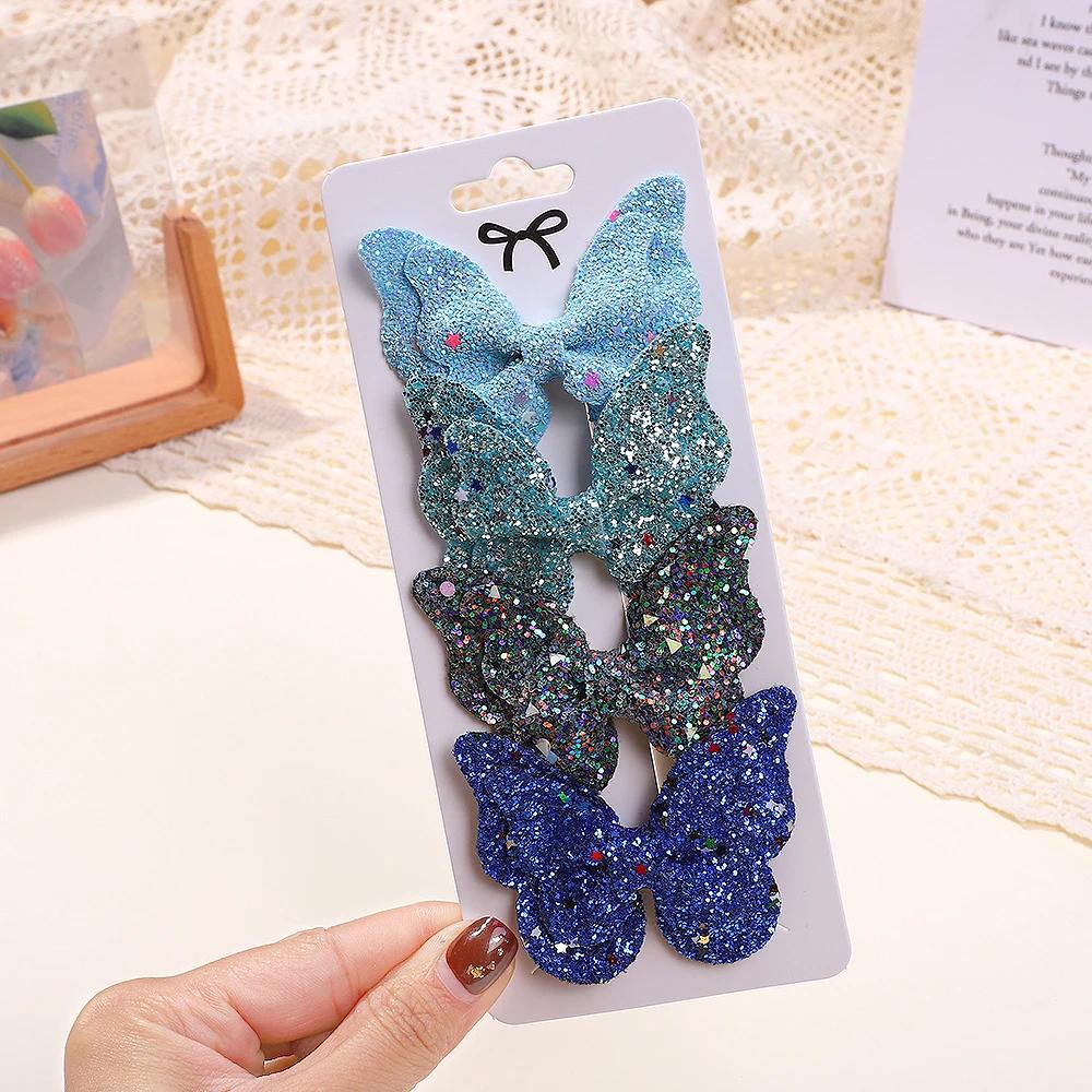 4 шт./набор Милые пайетки Двойные бантики для волос с бабочками Зажим для волос для маленьких девочек Кожаные детские заколки Заколки Головные уборы Аксессуары для волос