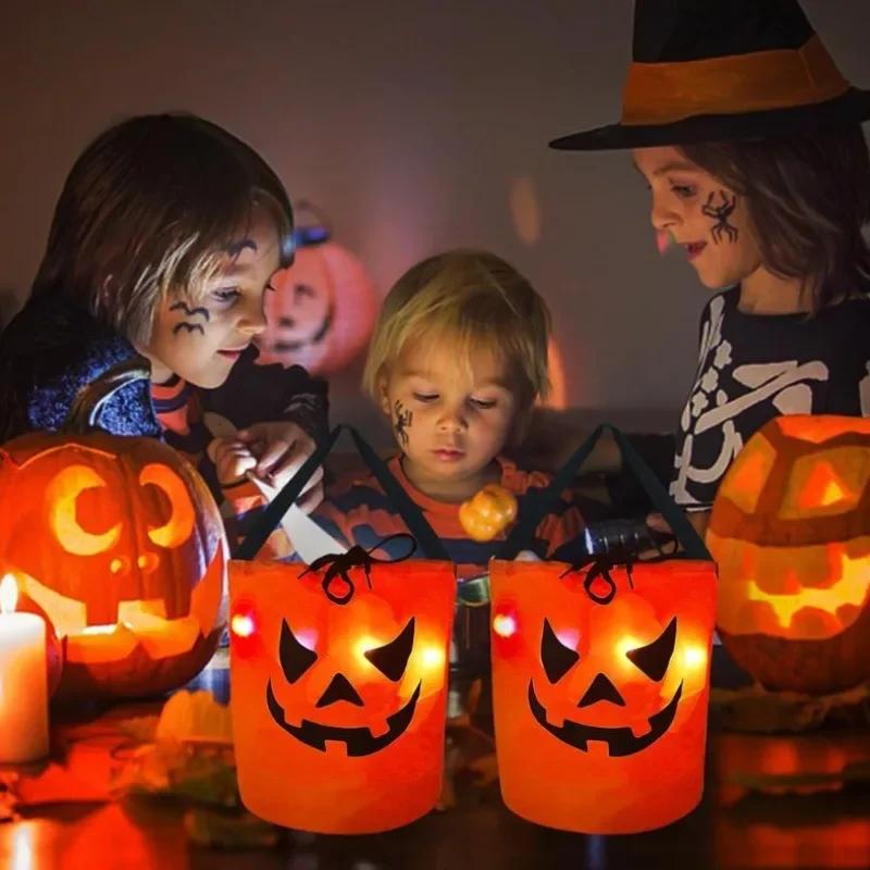 1-20 шт. Светодиодная светящаяся сумка-тоут в виде тыквы на Хэллоуин для конфет, корзина для детей, ведро для вечеринки «Кошелек или жизнь», для украшения праздничного мероприятия