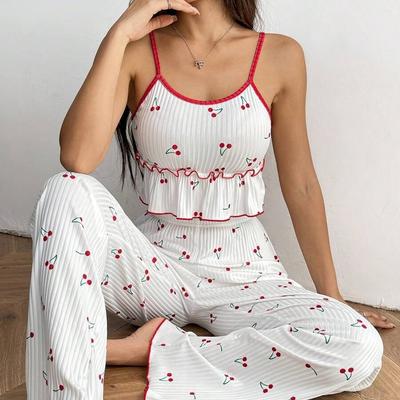 Летний комплект пижамы на бретелях женский комплект брюк и топа без рукавов с круглым вырезом одежда для сна для молодых девушек с принтом вишни домашняя одежда пижама